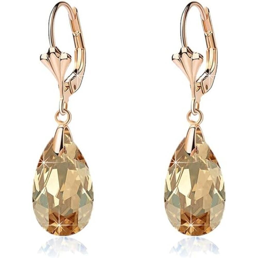 14K Gold Plated Austrian Crystal Teardrop Leverback Dangle Earrings for Women